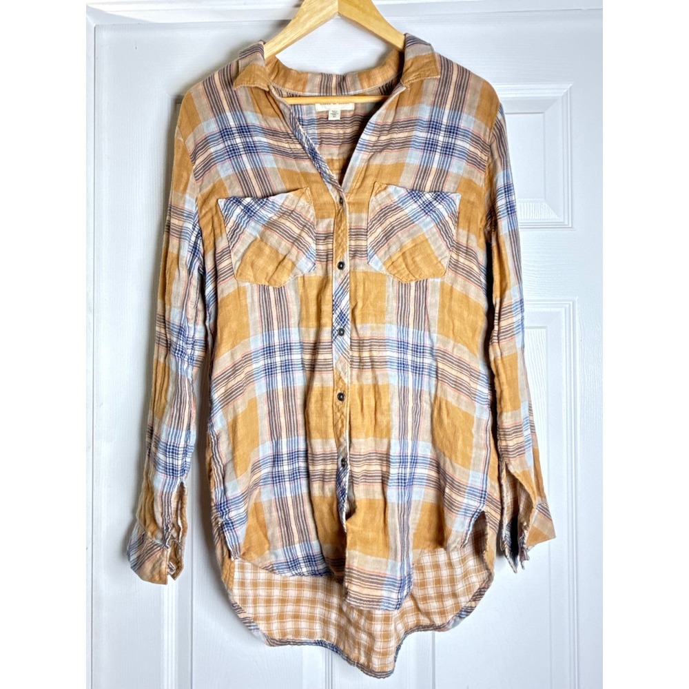 Cloth & Stone Plaid Button Down Womens Medium Yellow Blue High Low Gauze Shirt